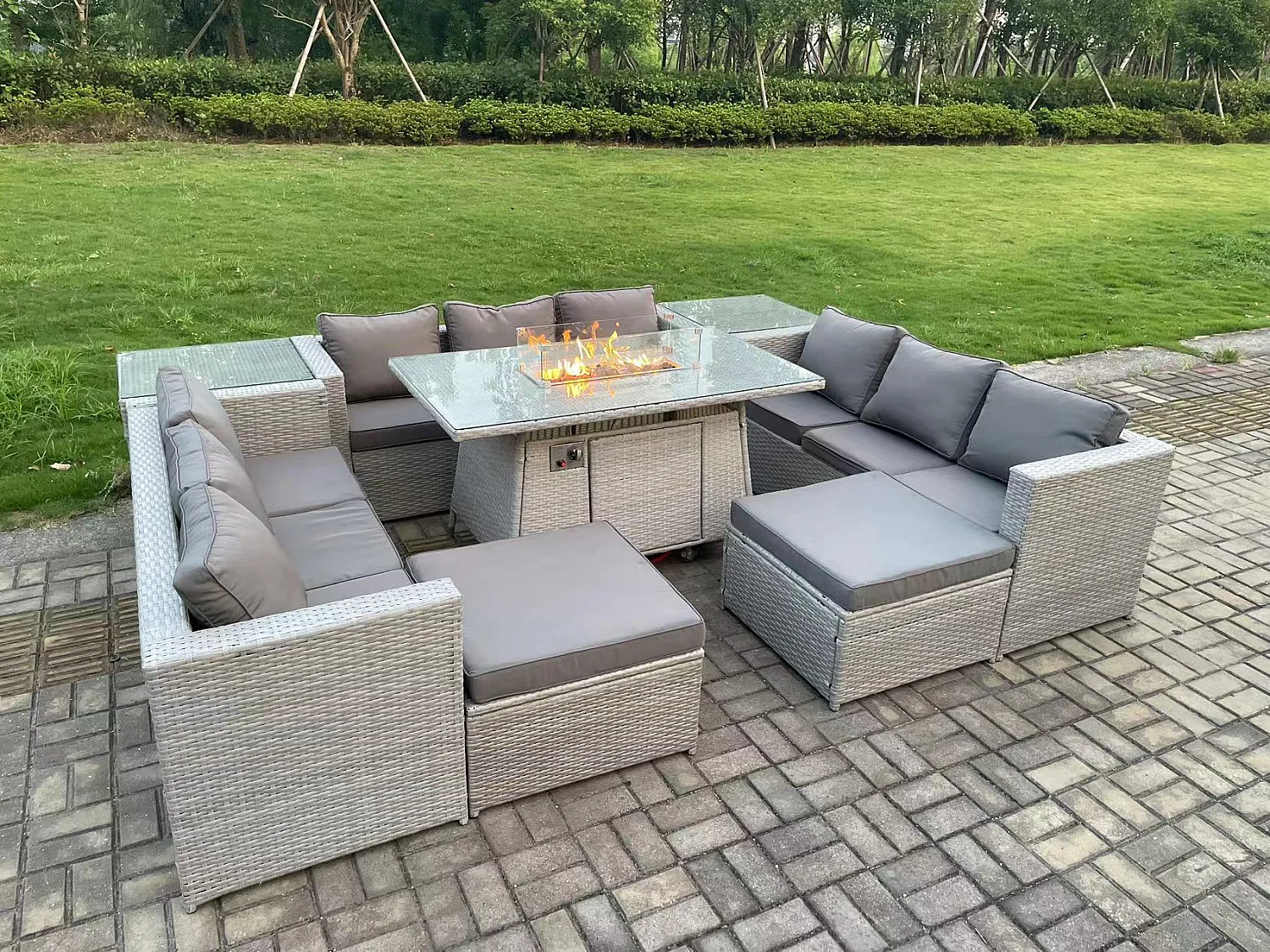 11 places Ensemble Meuble de Jardin en rotin ave 2 canapé et Fauteuil ,2 Grand Tabourets Gris Clair