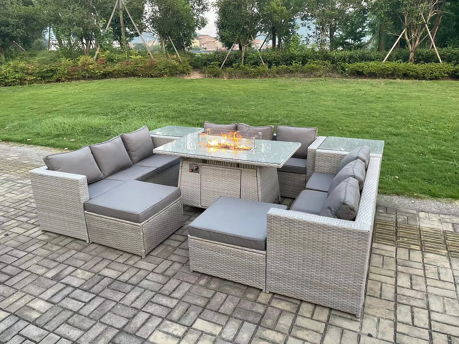 11 places Ensemble Meuble de Jardin en rotin ave 2 canapé et Fauteuil ,2 Grand Tabourets Gris Clair