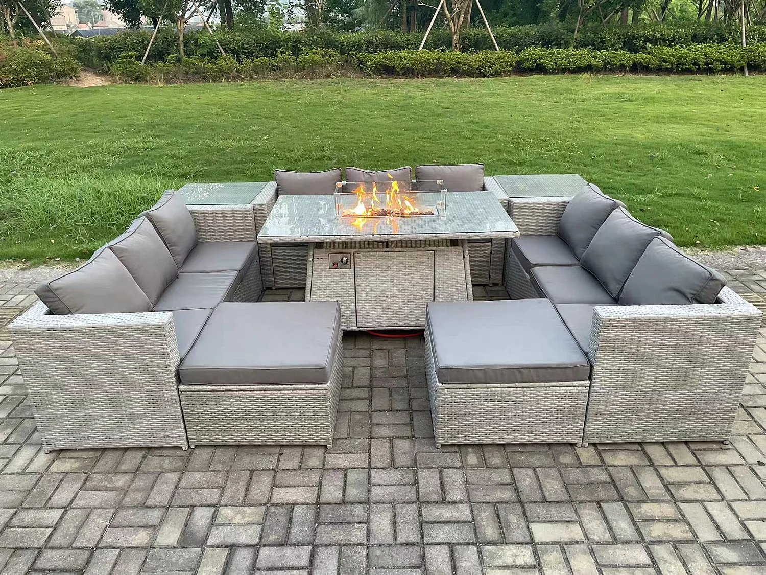 11 places Ensemble Meuble de Jardin en rotin ave 2 canapé et Fauteuil ,2 Grand Tabourets Gris Clair