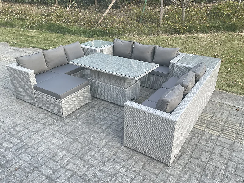 Ensemble de meubles de jardin en rotin ave Canapé,Table élévatrice und Tabourets,2 Table d'appoint 7 Pièces Groupe de sièges