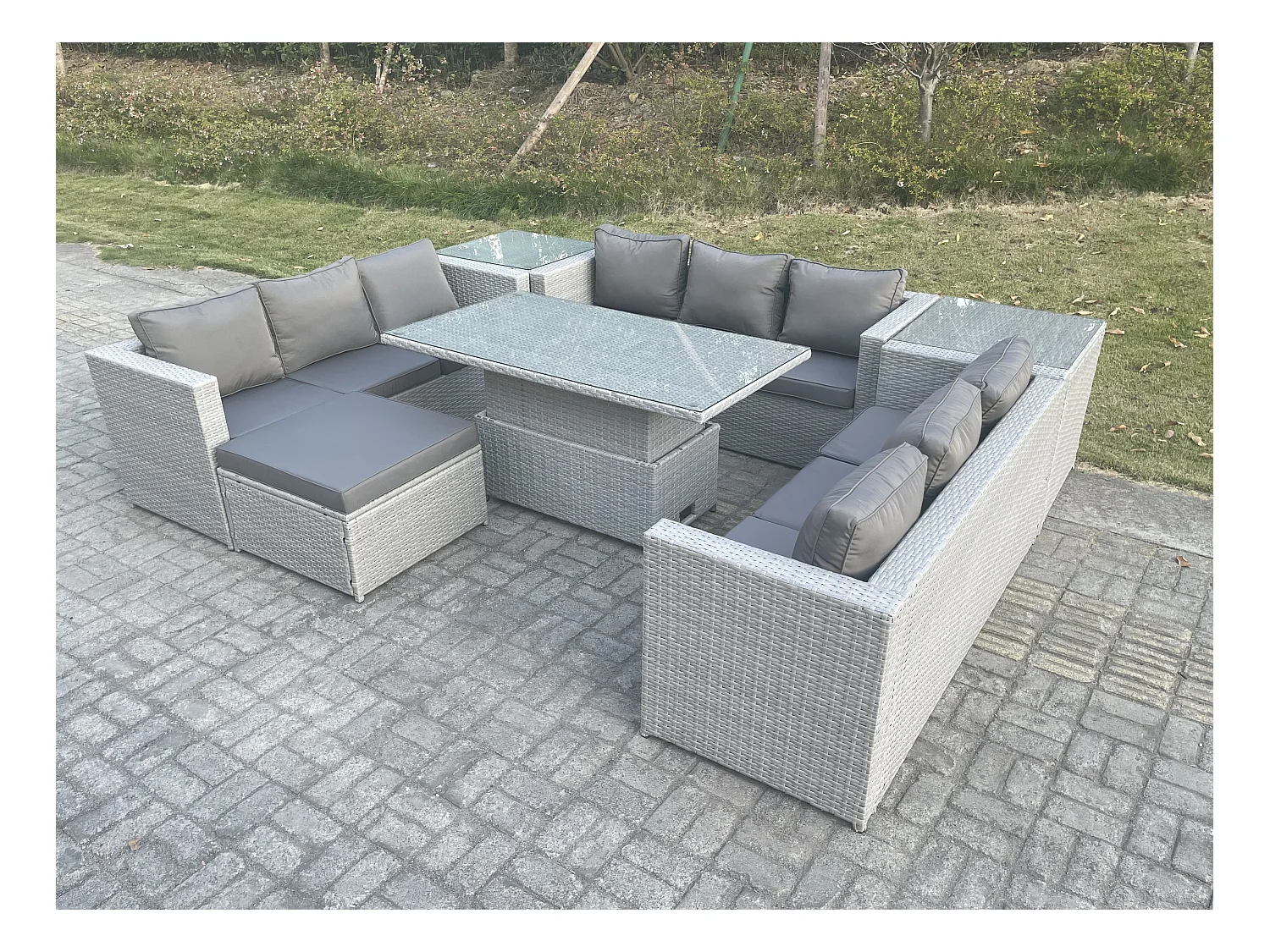 Rattan Gartenmöbel Set mit Sofa, Höhe verstellbar Esstisch und Hocker,2 Beistelltisch,Outdoor Terrassen Essgruppe 7-teilige Sitzgruppe Helles Grau