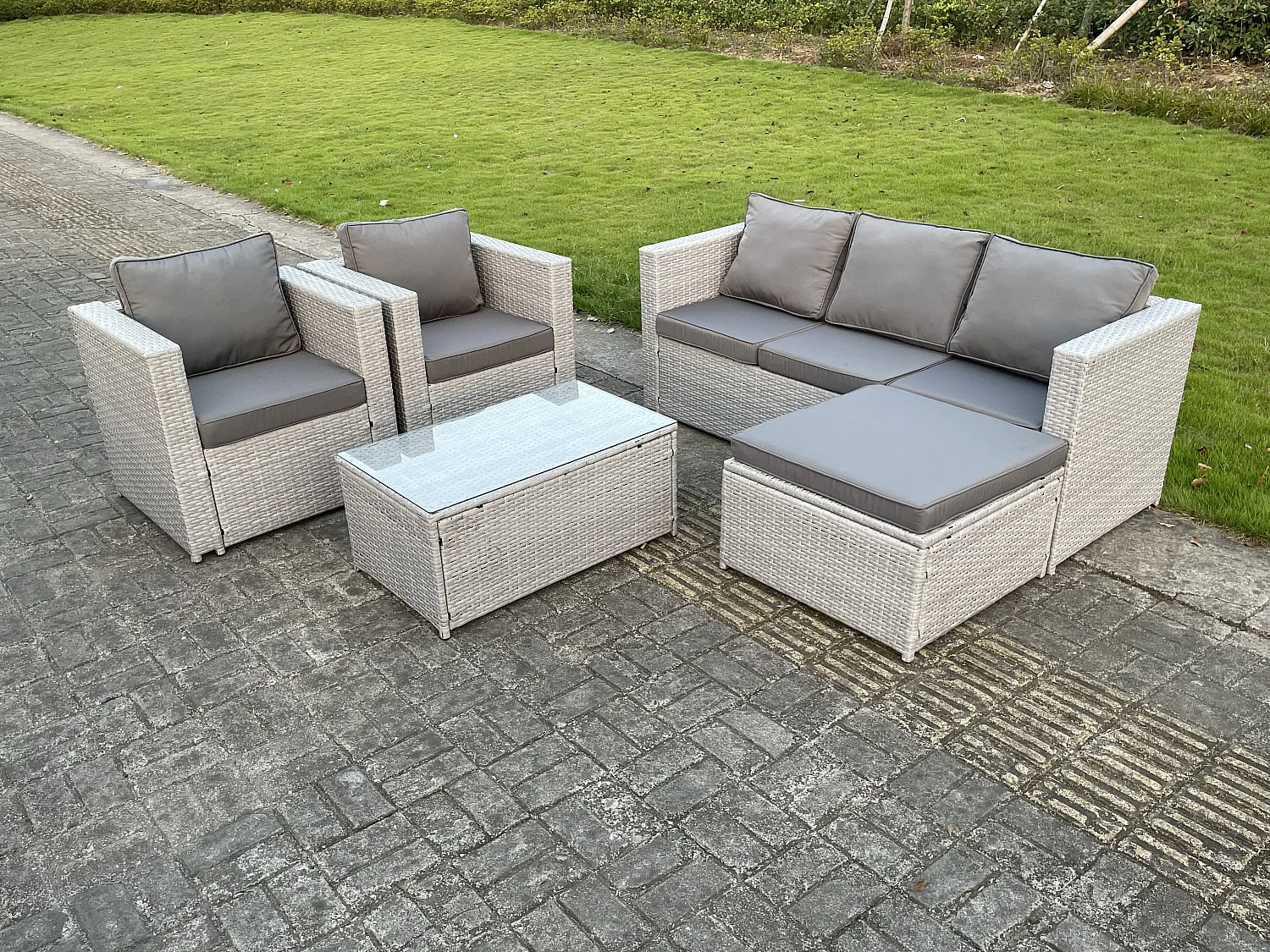 Salon de Jardin Ensemble 5 places Ensemble de canapé en rotin ave Canapé 3 places 2 Fauteuil Table basse Carrée Grand Tabourets