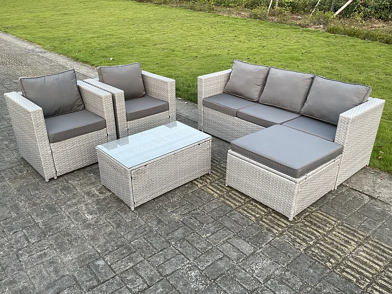 Polyrattan Gartenmöbel Set 5-Sitzer Rattan Sofa Set mit 3-Sitzer Sofa 2 Sessel Quadrat Couchtisch Großer Fußhocker Helles Grau