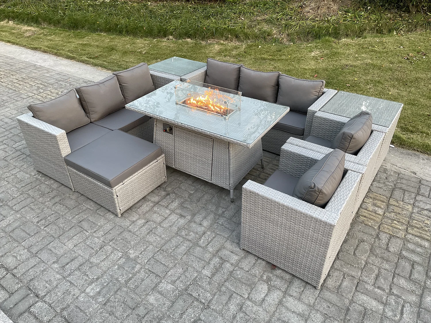 Ensemble de meubles de jardin en rotin ensemble Table de foyer à gaz canapé ave 2 Fauteuil 2 Table d'appoint Tabourets Gris Clair