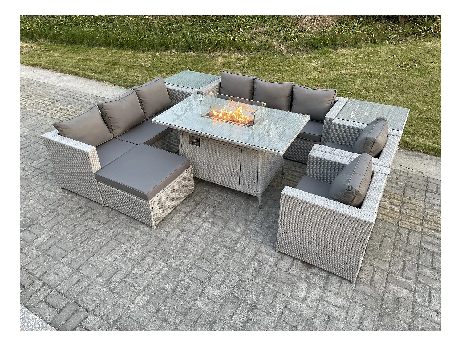 Ensemble de meubles de jardin en rotin ensemble Table de foyer à gaz canapé ave 2 Fauteuil 2 Table d'appoint Tabourets Gris Clair