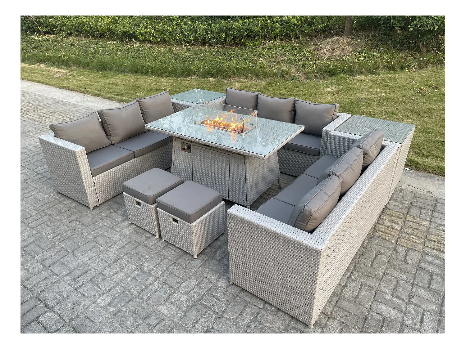 Polyrattan Gartenmöbel Set im Freien Gas Feuertisch Sofa Sets mit 2 Beistelltisch 2 Kleiner Hocker Helles Grau