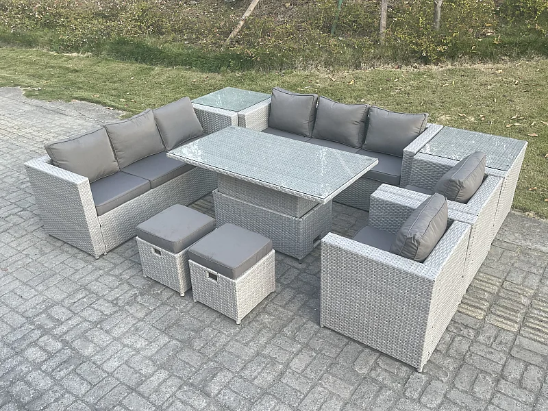 Salon de Jardin Exterieur Table à manger réglable en hauteur ave canapé 2 Fauteuil 2 Table d'appoint Petit Tabourets Gris Clair