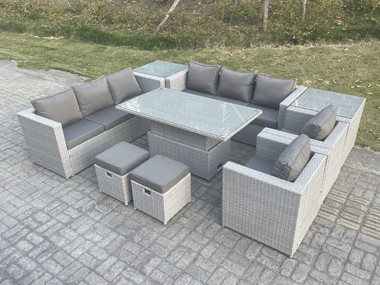 Salon de Jardin Exterieur Table à manger réglable en hauteur ave canapé 2 Fauteuil 2 Table d'appoint Petit Tabourets Gris Clair