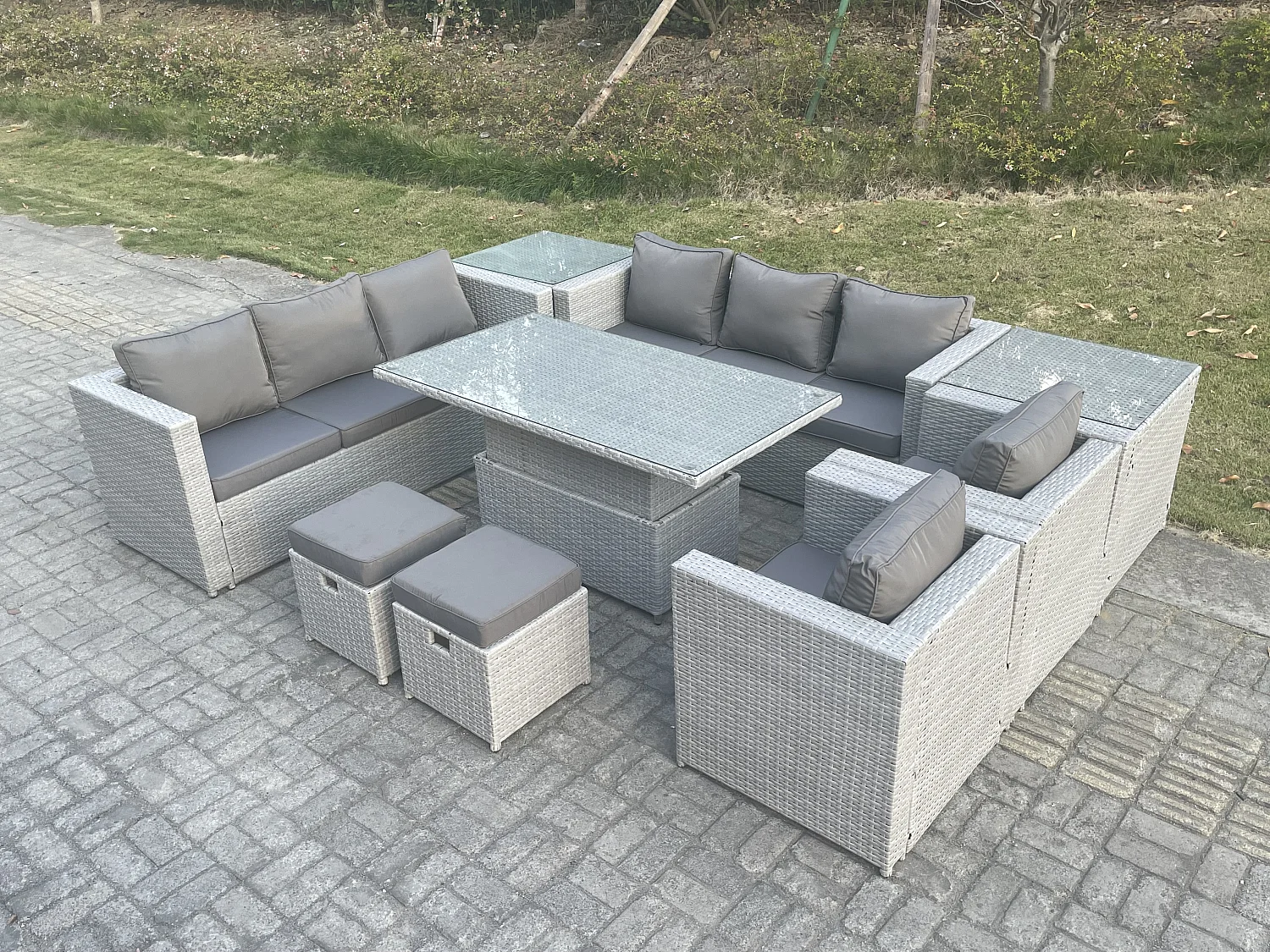 Salon de Jardin Exterieur Table à manger réglable en hauteur ave canapé 2 Fauteuil 2 Table d'appoint Petit Tabourets Gris Clair