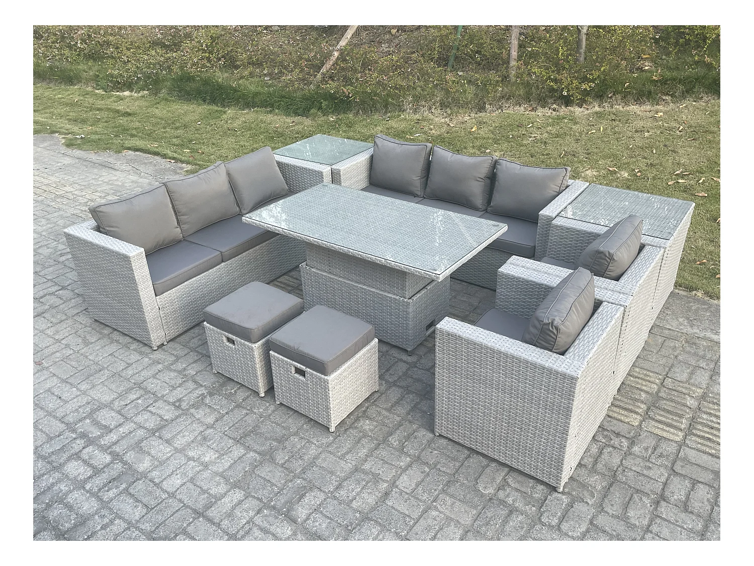 Polyrattan Essgruppe Gartenmöbel Set Höhe verstellbar Esstisch Set mit Sofa 2 Sessel 2 Beistelltisch Kleiner Fußhocker Helles Grau