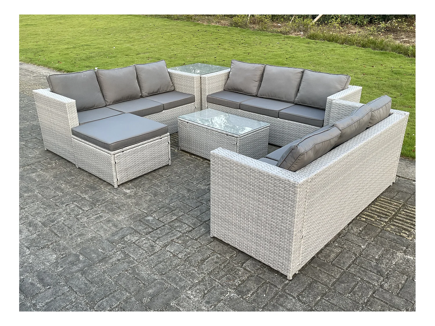 Polyrattan Gartenmöbel Set Rattan Sofa Set mit 3-Sitzer Sofa Beistelltisch Couchtisch Großer Fußhocker Helles Grau