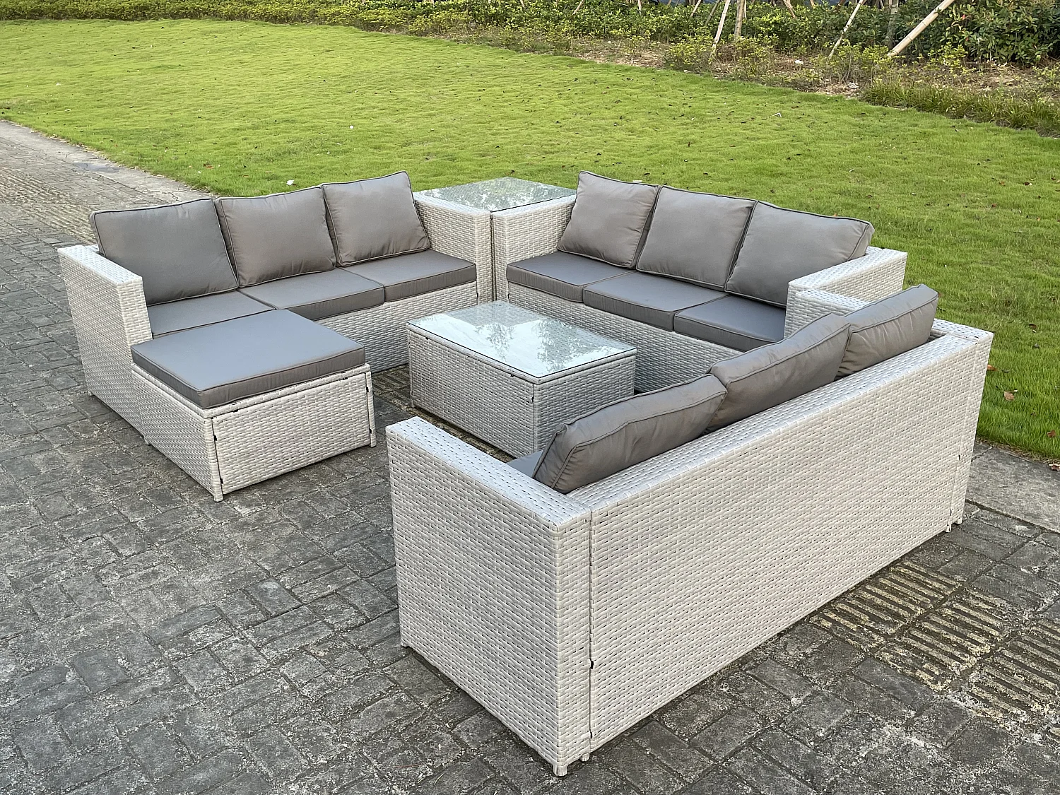 Polyrattan Gartenmöbel Set Rattan Sofa Set mit 3-Sitzer Sofa Beistelltisch Couchtisch Großer Fußhocker Helles Grau