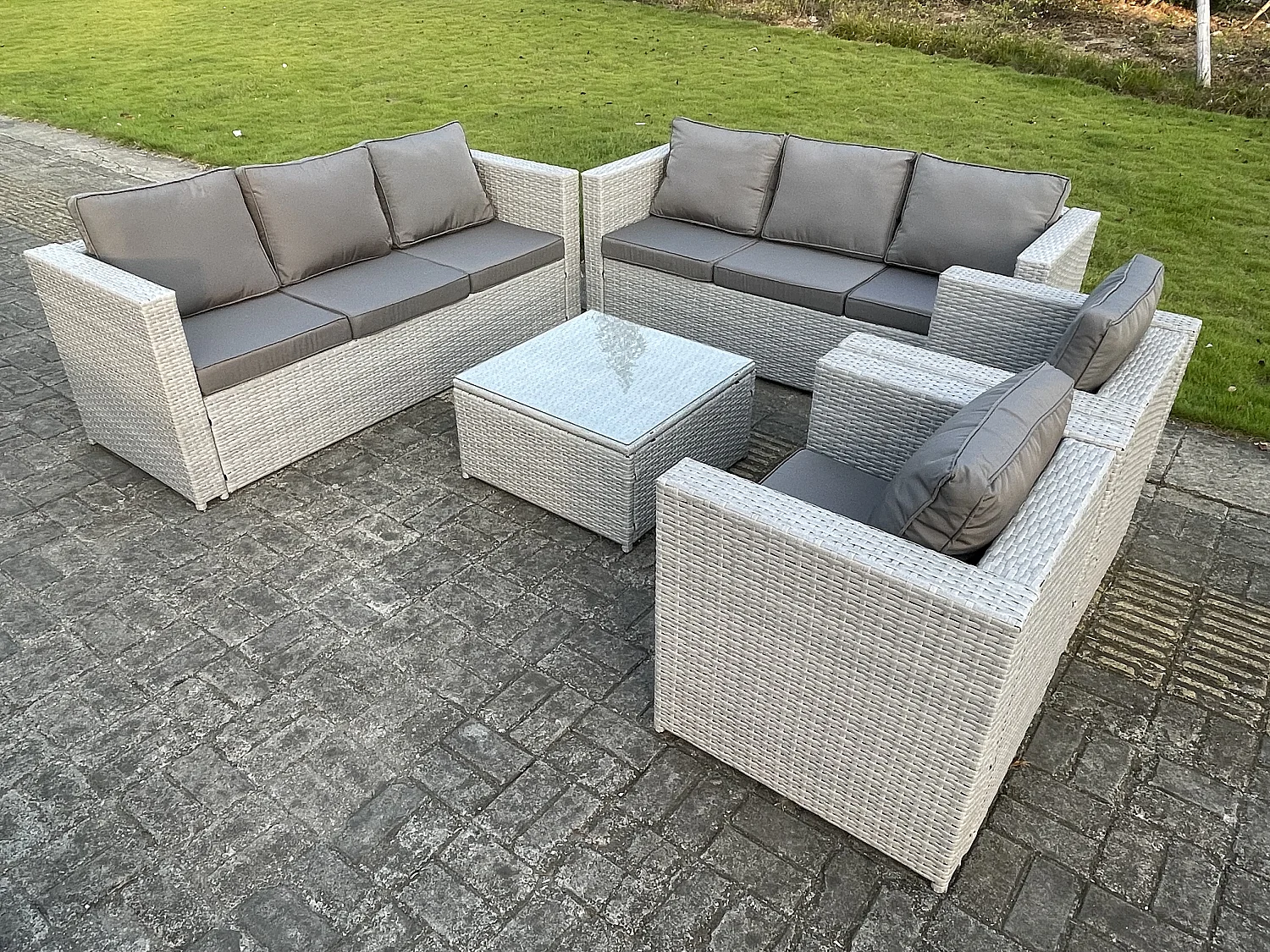 8 places Meubles de Jardin en rotin Ensemble de canapé en rotin mit Canapé à 3 places 2 Fauteuil Table basse Carrée Gris Clair