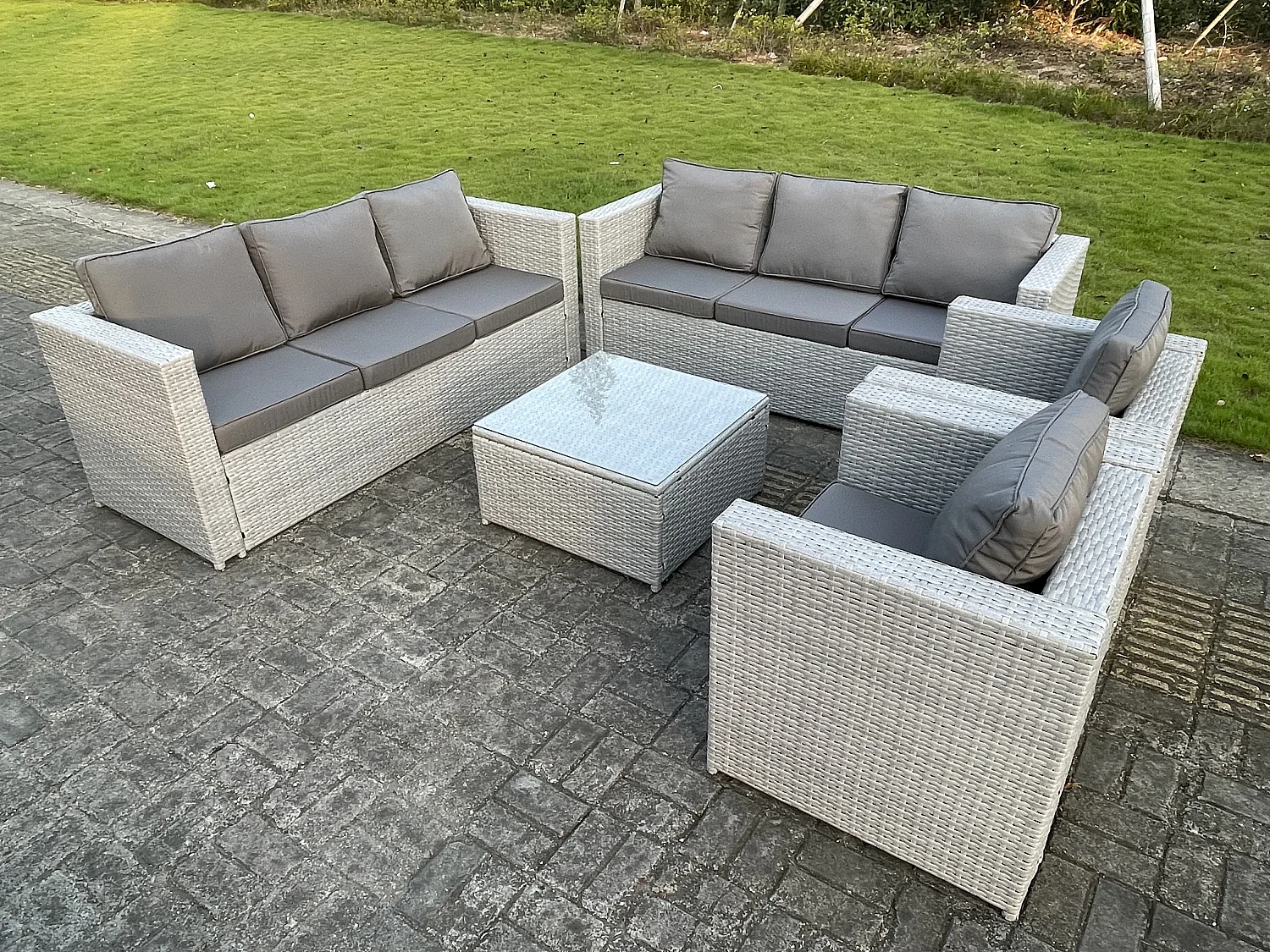 8 places Meubles de Jardin en rotin Ensemble de canapé en rotin mit Canapé à 3 places 2 Fauteuil Table basse Carrée Gris Clair