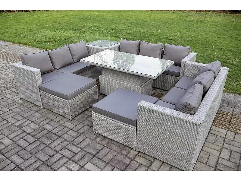 Polyrattan Gartenmöbel Set mit 2 Sofa, Höhe verstellbar Esstisch und Beistelltisch, 2 Hocker Outdoor Terrassen Essgruppe Helles Grau