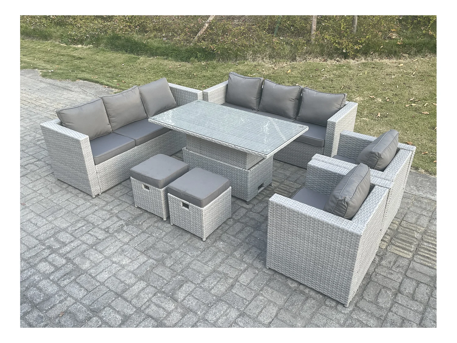 Polyrattan Essgruppe Gartenmöbel Set Höhe verstellbar Esstisch Set mit Sofa 2 Sessel 2 Kleiner Fußhocker Helles Grau
