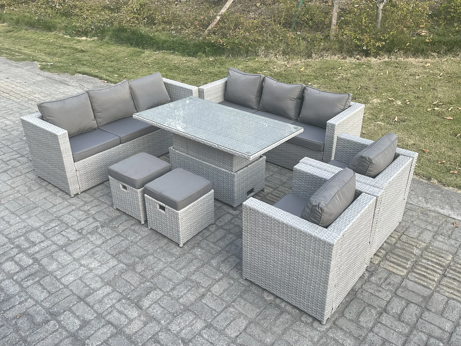 Salon de Jardin Exterieur Table à manger réglable en hauteur ave canapé 2 Fauteuil 2 Petit Tabourets Gris Clair
