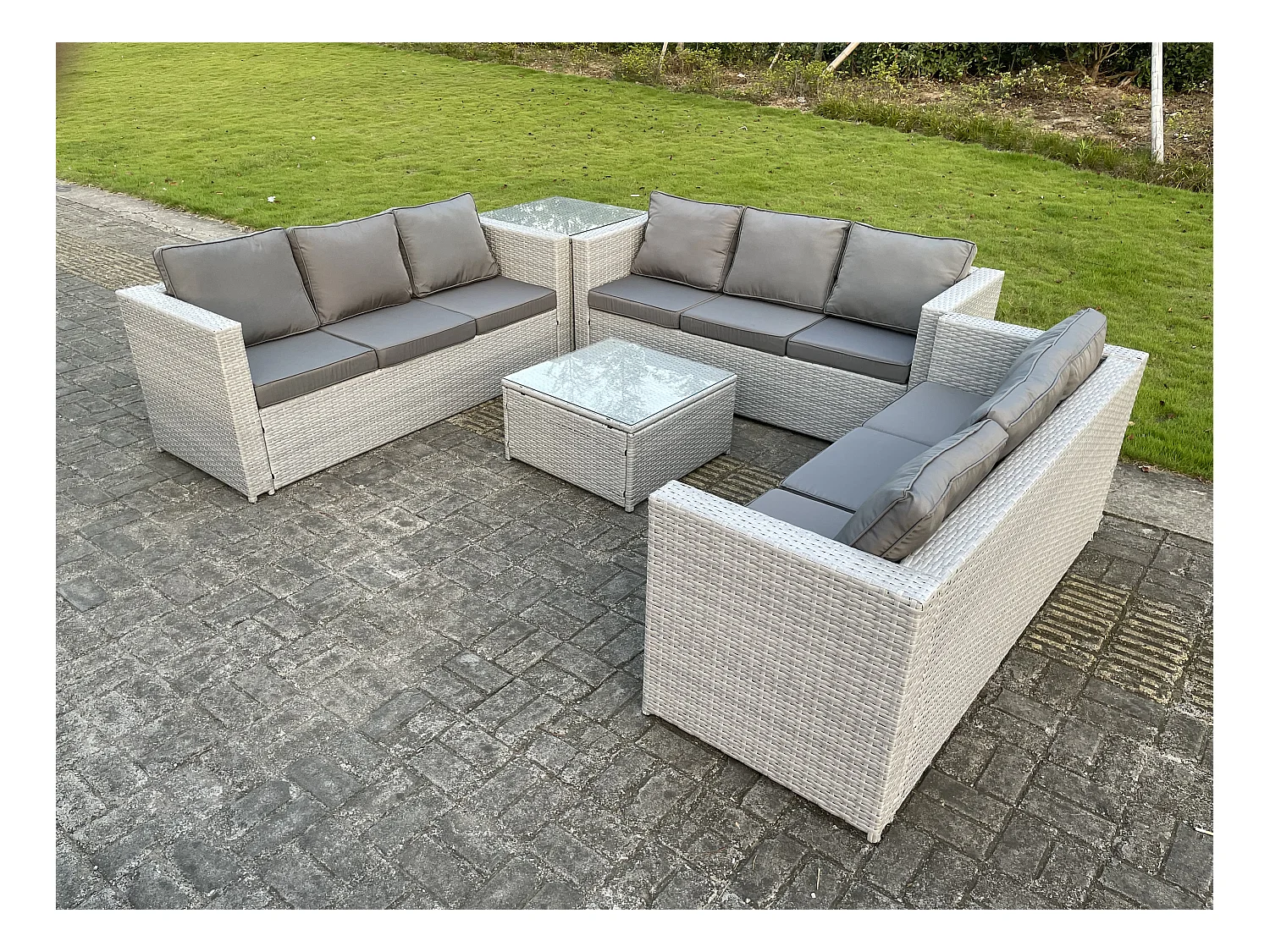 Salon de Jardin Ensemble 9 placesEnsemble de canapé en rotin ave Canapé 3 places Table d'appoint Table basse Carrée Gris Clair