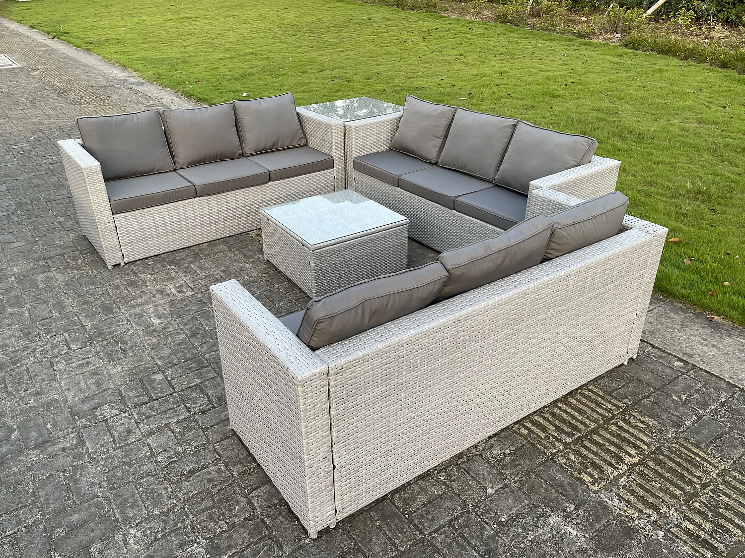 Salon de Jardin Ensemble 9 placesEnsemble de canapé en rotin ave Canapé 3 places Table d'appoint Table basse Carrée Gris Clair