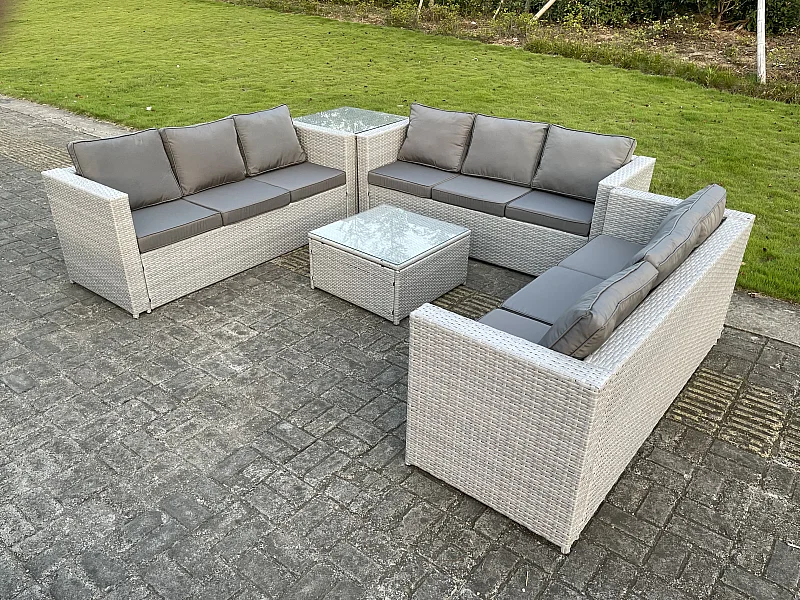 Polyrattan Gartenmöbel Set Rattan Sofa Set mit 3-Sitzer Sofa Beistelltisch Quadrat Couchtisch Helles Grau