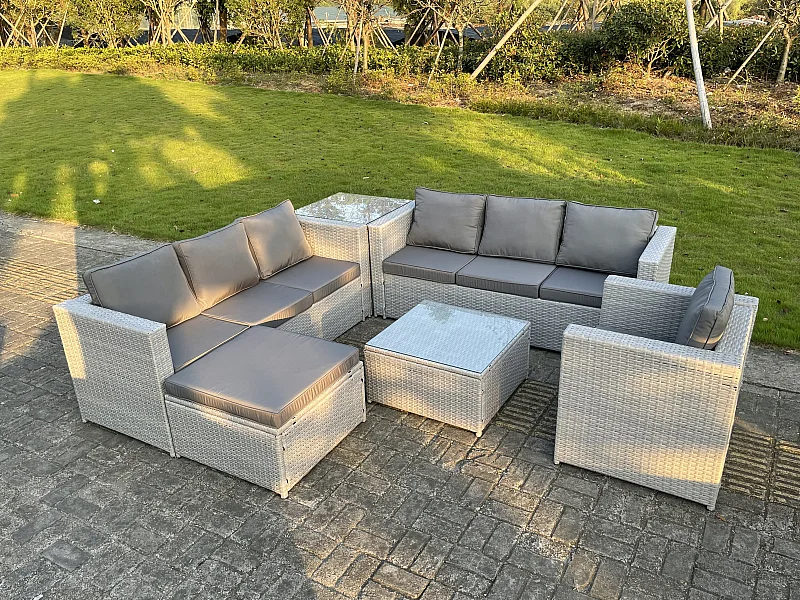 Meubles de Jardin en rotin ave Canapé à 3 places Fauteuil Table d'appoint Table basse Grand Tabourets Gris Clair