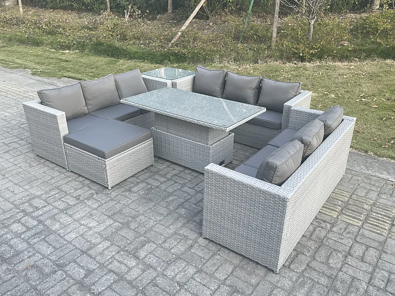 Rattan Gartenmöbel Set mit Sofa, Höhe verstellbar Esstisch und Hocker,Beistelltisch,Outdoor Terrassen Essgruppe 6-teilige Sitzgruppe Helles Grau