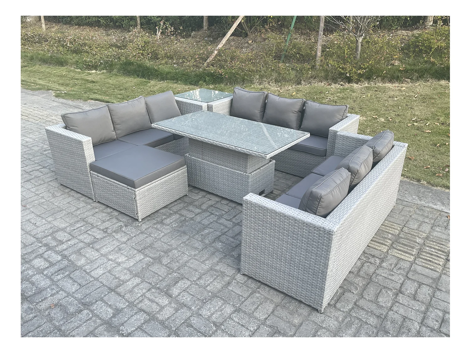 Rattan Gartenmöbel Set mit Sofa, Höhe verstellbar Esstisch und Hocker,Beistelltisch,Outdoor Terrassen Essgruppe 6-teilige Sitzgruppe Helles Grau