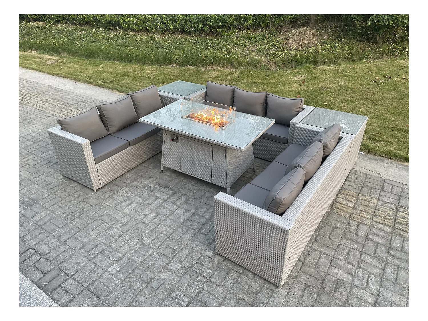 Ensemble de meubles de jardin en rotin ensemble Table de foyer à gaz canapé ave 2 Table d'appoint Gris Clair