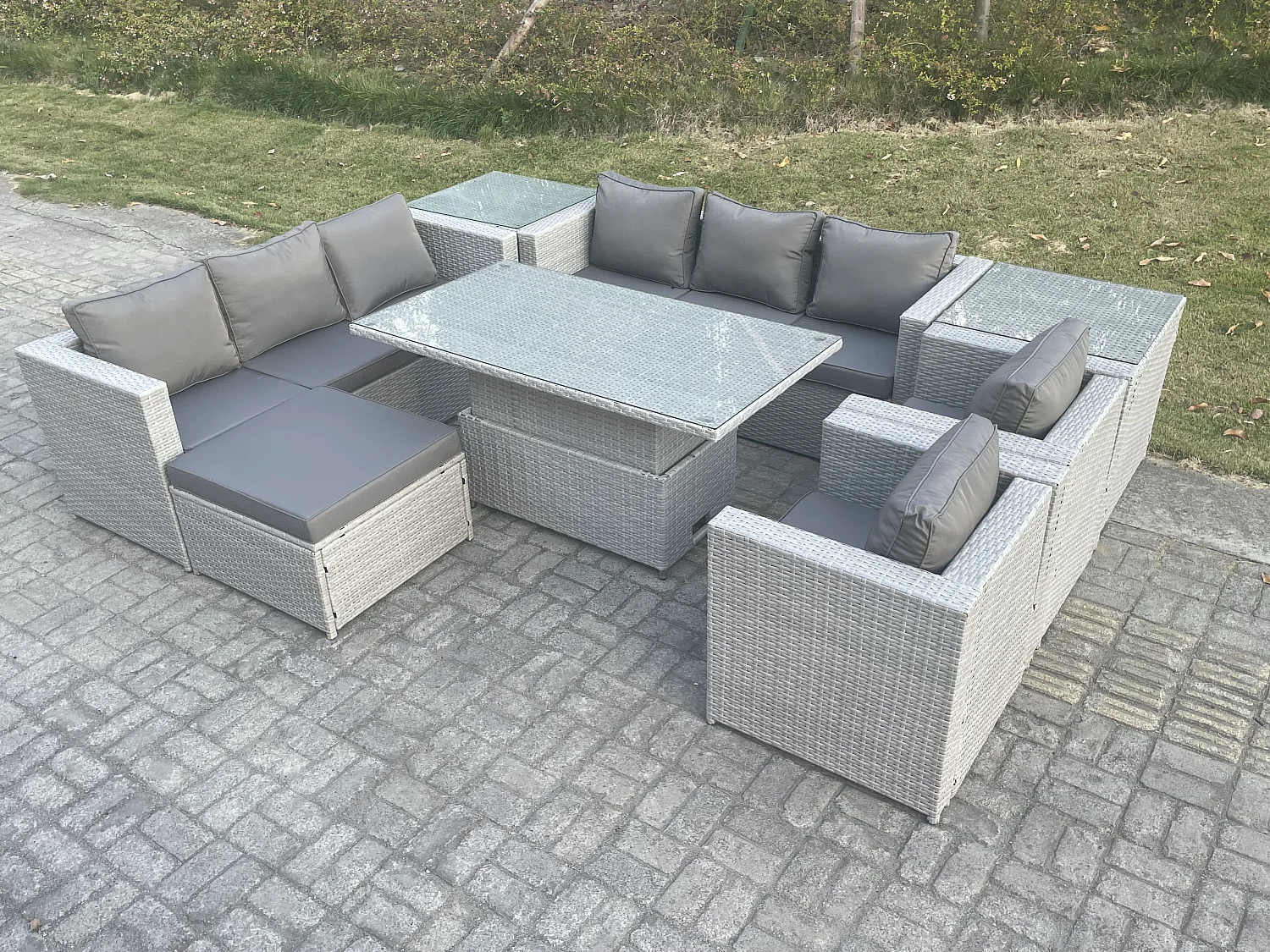 Polyrattan Essgruppe Gartenmöbel Set Höhe verstellbar Esstisch Set mit Sofa 2 Sessel 2 Beistelltisch Großer Fußhocker Helles Grau