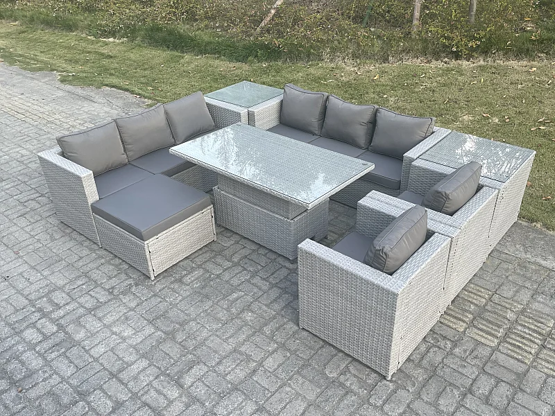 Polyrattan Essgruppe Gartenmöbel Set Höhe verstellbar Esstisch Set mit Sofa 2 Sessel 2 Beistelltisch Großer Fußhocker Helles Grau