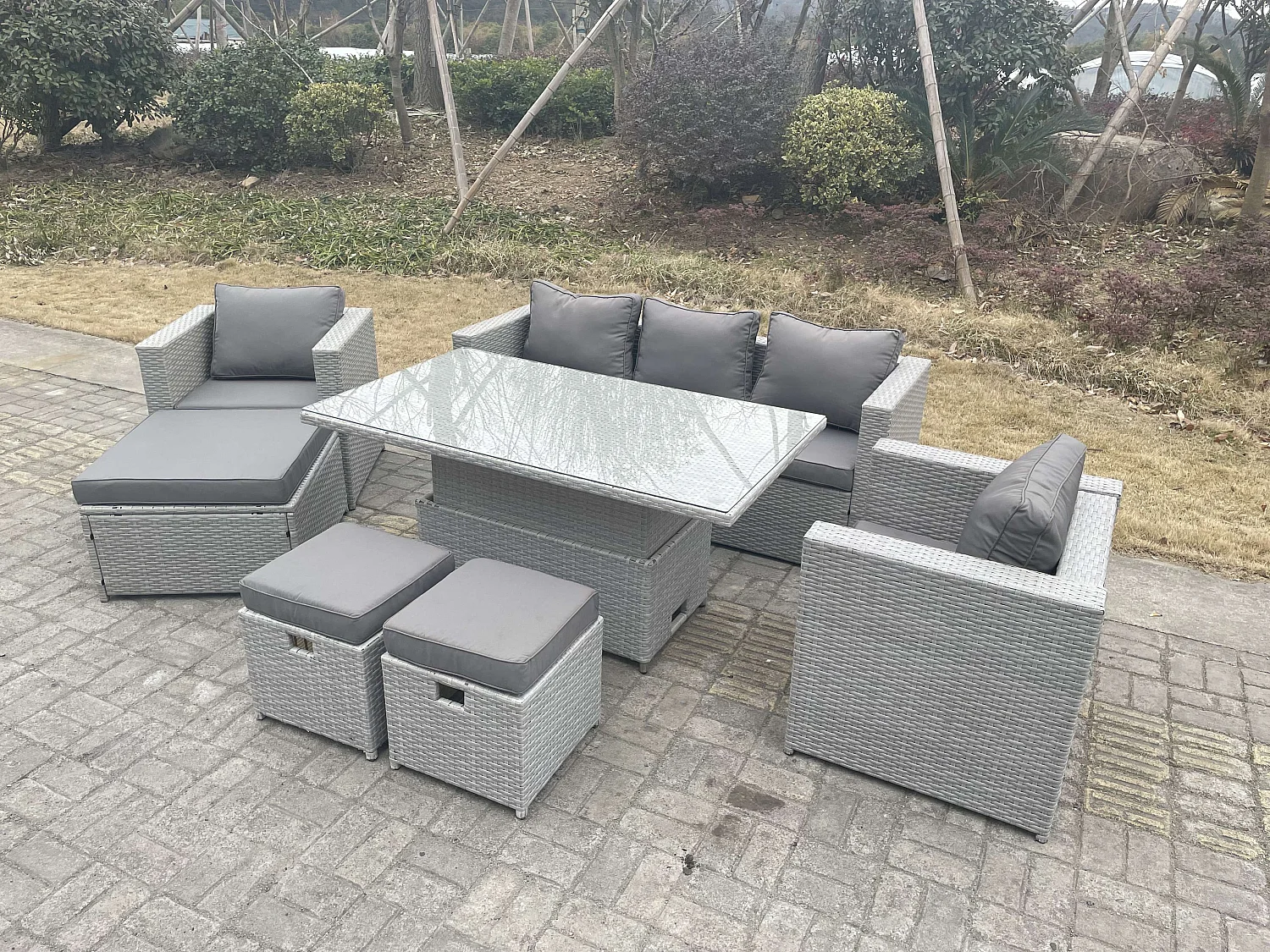 Ensemble de meubles de jardin en rotin ave Canapé,Table élévatrice und 3 Tabourets,2 Fauteuil Pièces7 Pièces Groupe de sièges