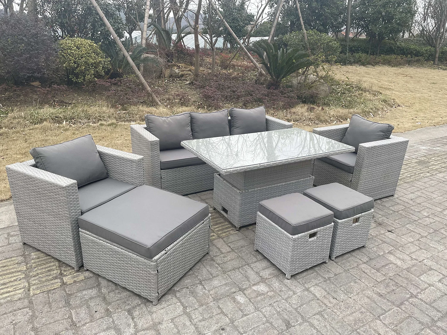 Ensemble de meubles de jardin en rotin ave Canapé,Table élévatrice und 3 Tabourets,2 Fauteuil Pièces7 Pièces Groupe de sièges