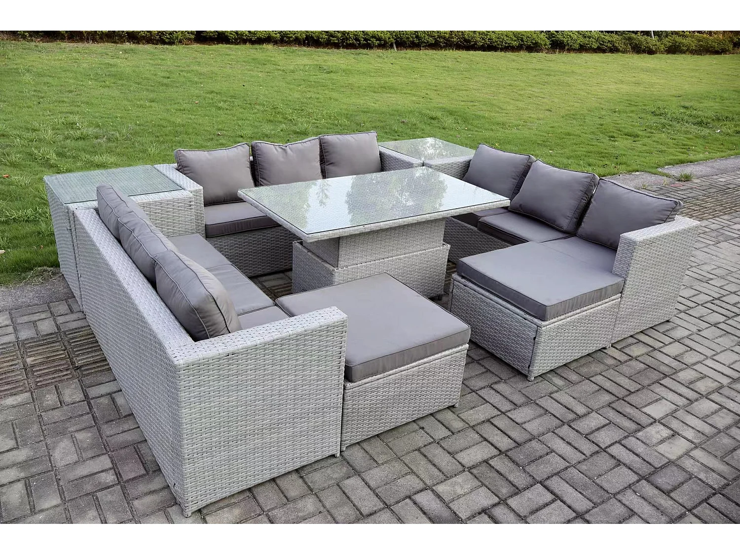 Polyrattan Gartenmöbel Set mit 2 Sofa, Höhe verstellbar Esstisch und 2 Beistelltisch, 2 Hocker Outdoor Terrassen Essgruppe Helles Grau