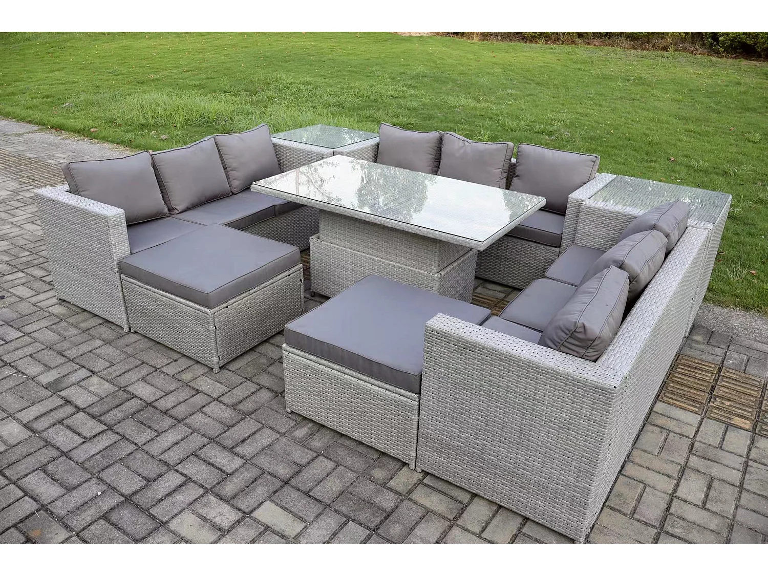 Polyrattan Gartenmöbel Set mit 2 Sofa, Höhe verstellbar Esstisch und 2 Beistelltisch, 2 Hocker Outdoor Terrassen Essgruppe Helles Grau