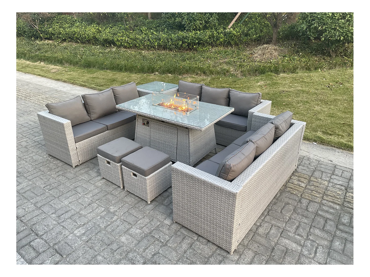 Polyrattan Gartenmöbel Set im Freien Gas Feuertisch Sofa Sets mit Beistelltisch 2 Kleiner Hocker Helles Grau