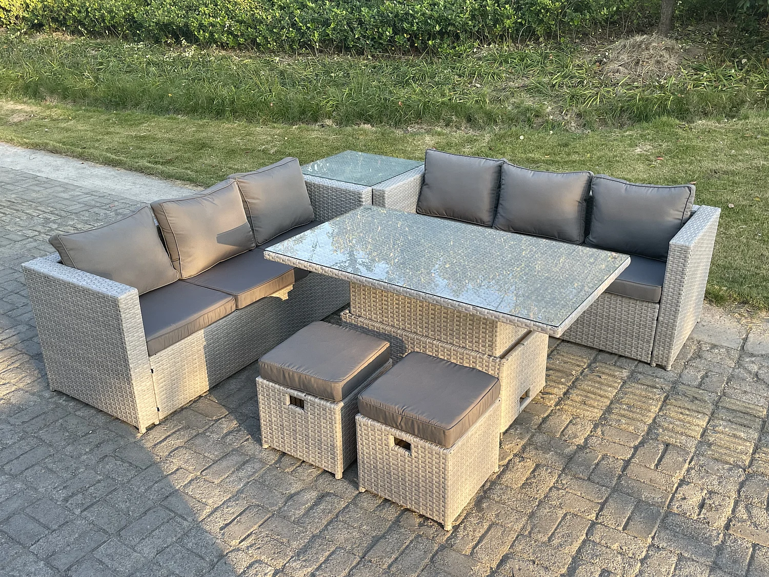 Salon de Jardin Exterieur Table à manger réglable en hauteur ave canapé Table d'appoint Petit Tabourets Gris Clair