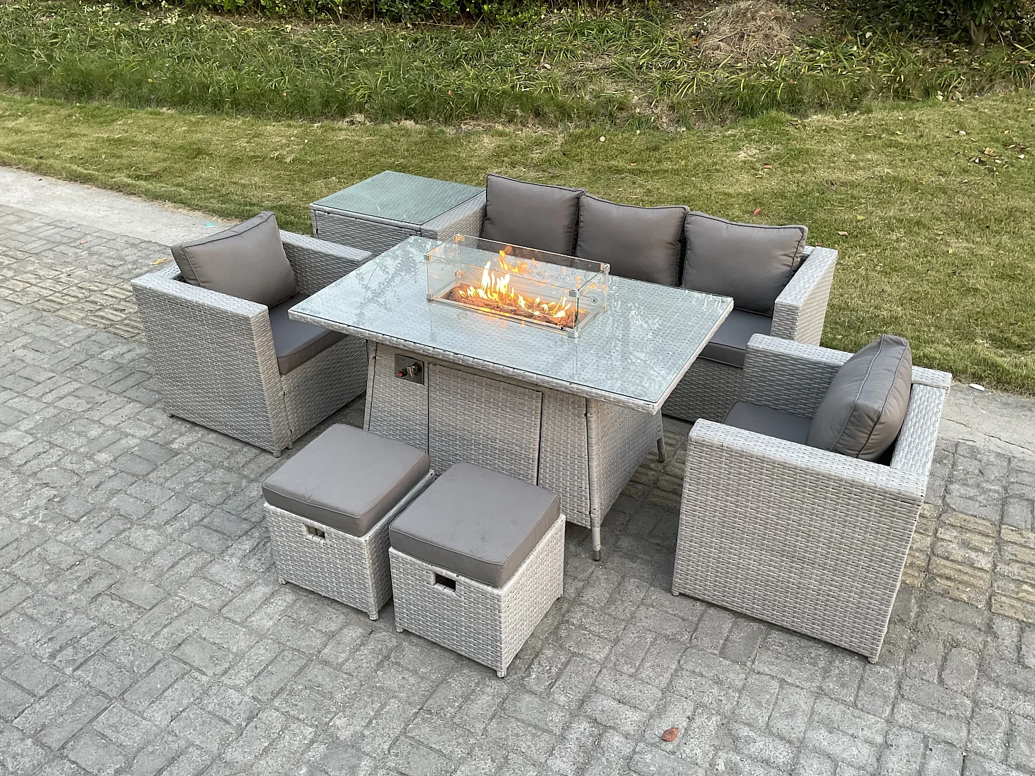 7 places Ensemble de meubles de jardin en rotin ensemble Table de foyer à gaz canapé ave 2 Fauteuil Table d'appoint2 Petit Tabourets