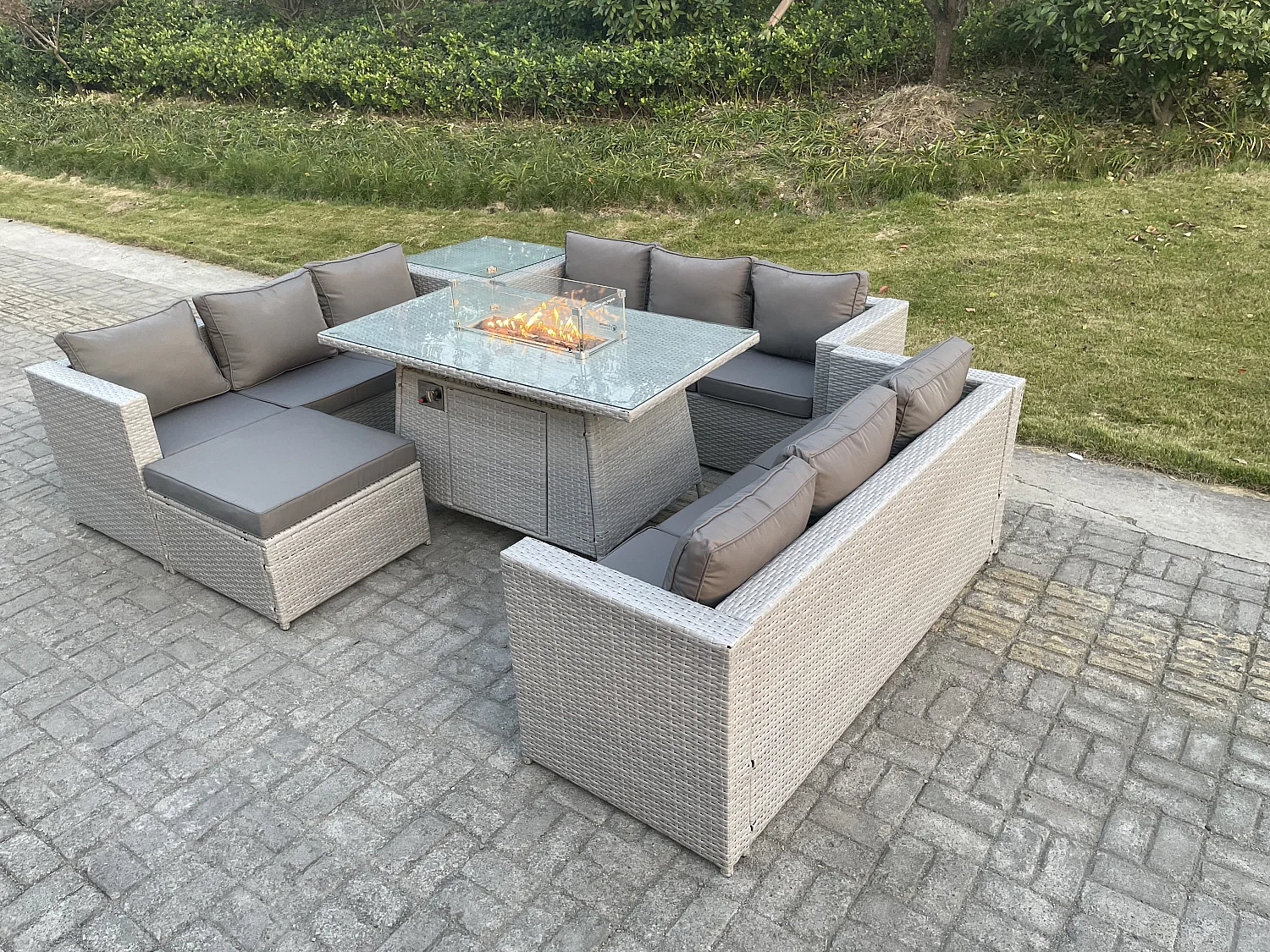 Ensemble de meubles de jardin en rotin ensemble Table de foyer à gaz canapé ave Table d'appoint Grand Tabourets Gris Clair