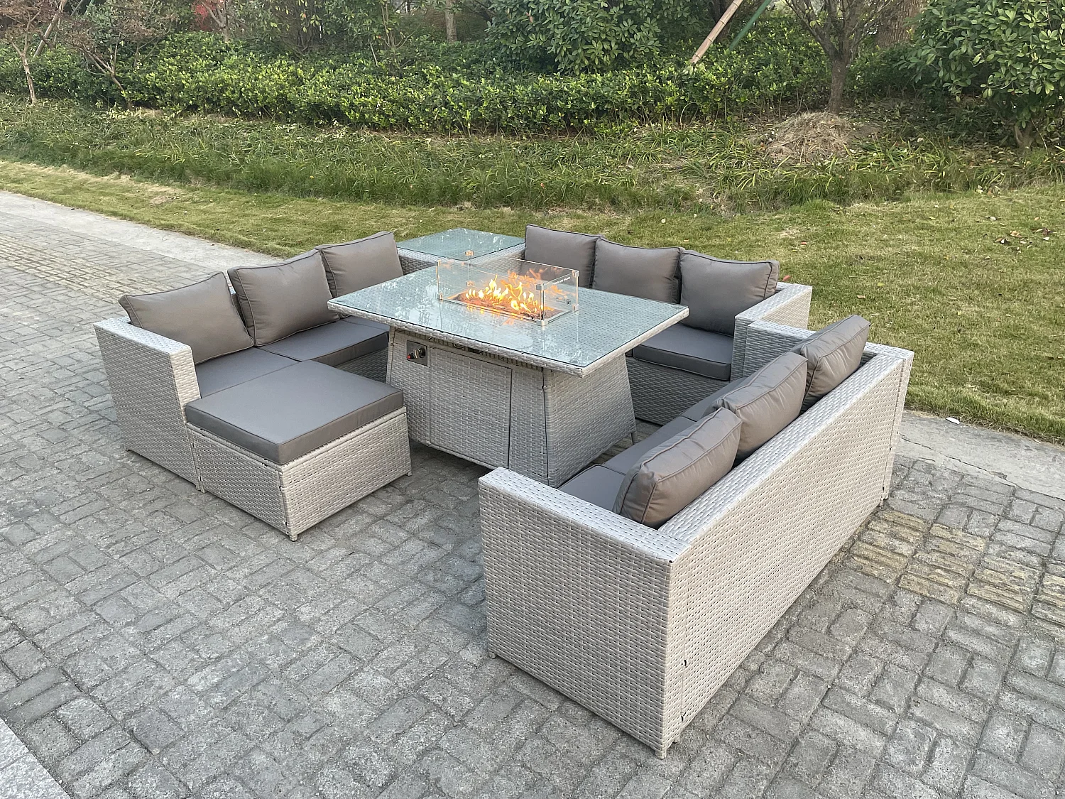 Ensemble de meubles de jardin en rotin ensemble Table de foyer à gaz canapé ave Table d'appoint Grand Tabourets Gris Clair