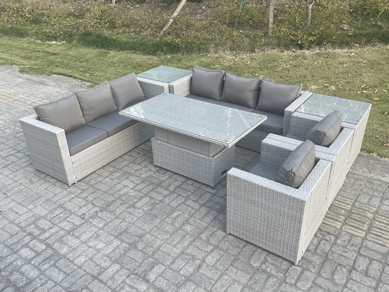 Salon de Jardin Exterieur Table à manger réglable en hauteur ave canapé 2 Fauteuil 2 Table d'appoint Gris Clair