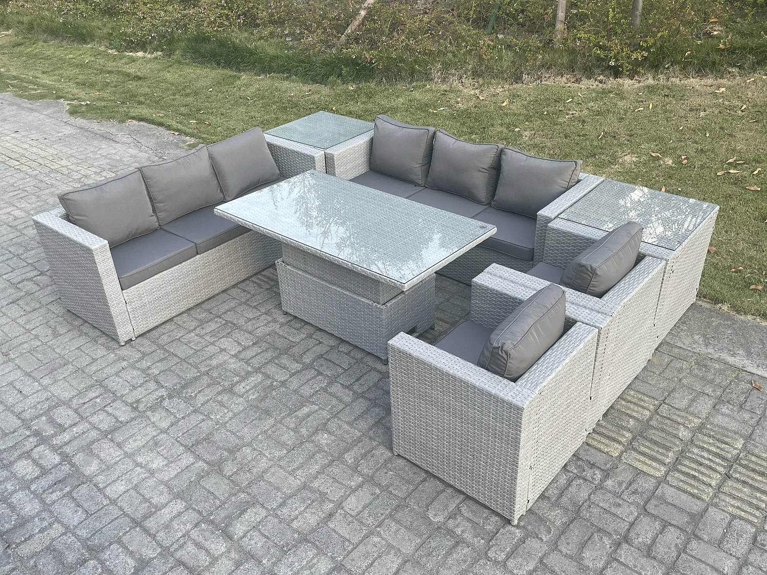 Salon de Jardin Exterieur Table à manger réglable en hauteur ave canapé 2 Fauteuil 2 Table d'appoint Gris Clair