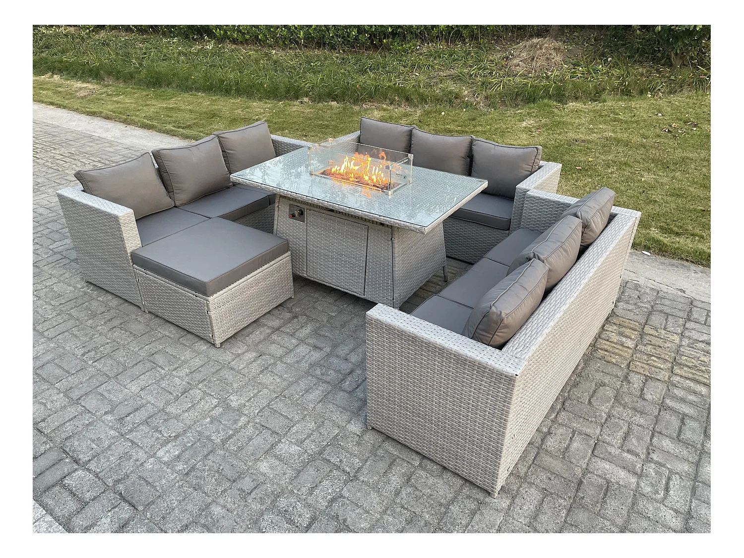 10-Sitzer Polyrattan Gartenmöbel Set im Freien Gas Feuertisch Sofa Sets mit Großer Hocker Helles Grau
