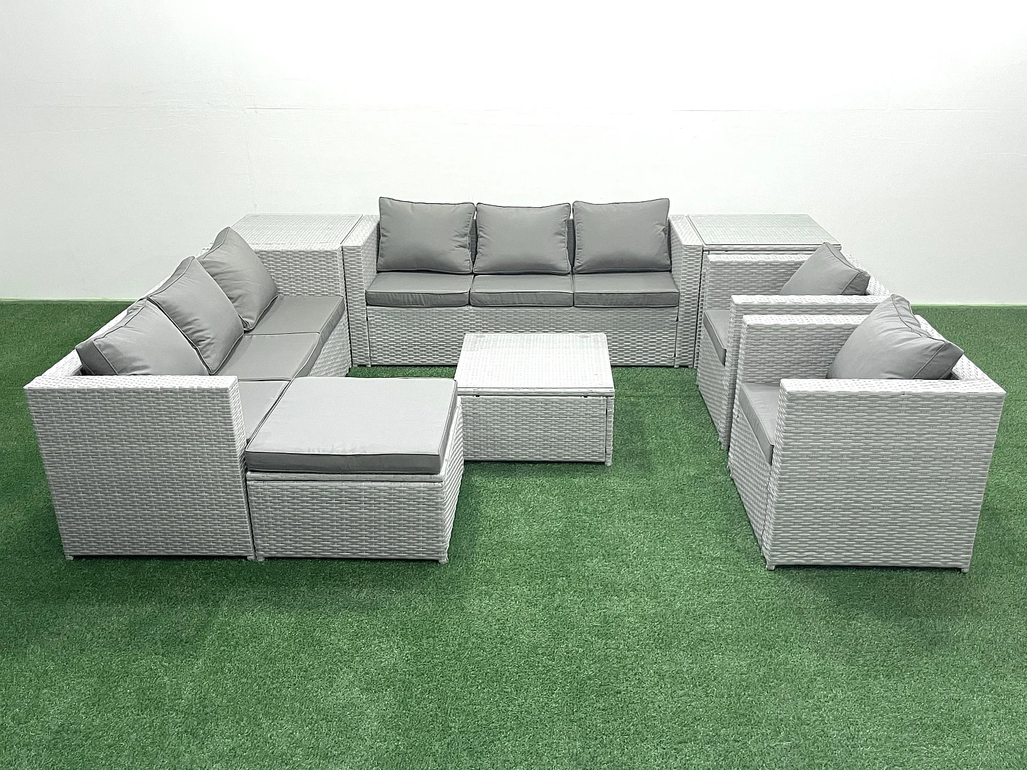 Fimous Light Grey Outdoor PE Rattan Garden Furniture Set Wicker Sofa Set Square Coffee Table 2 Armchair 2 Side Table 9 Seat