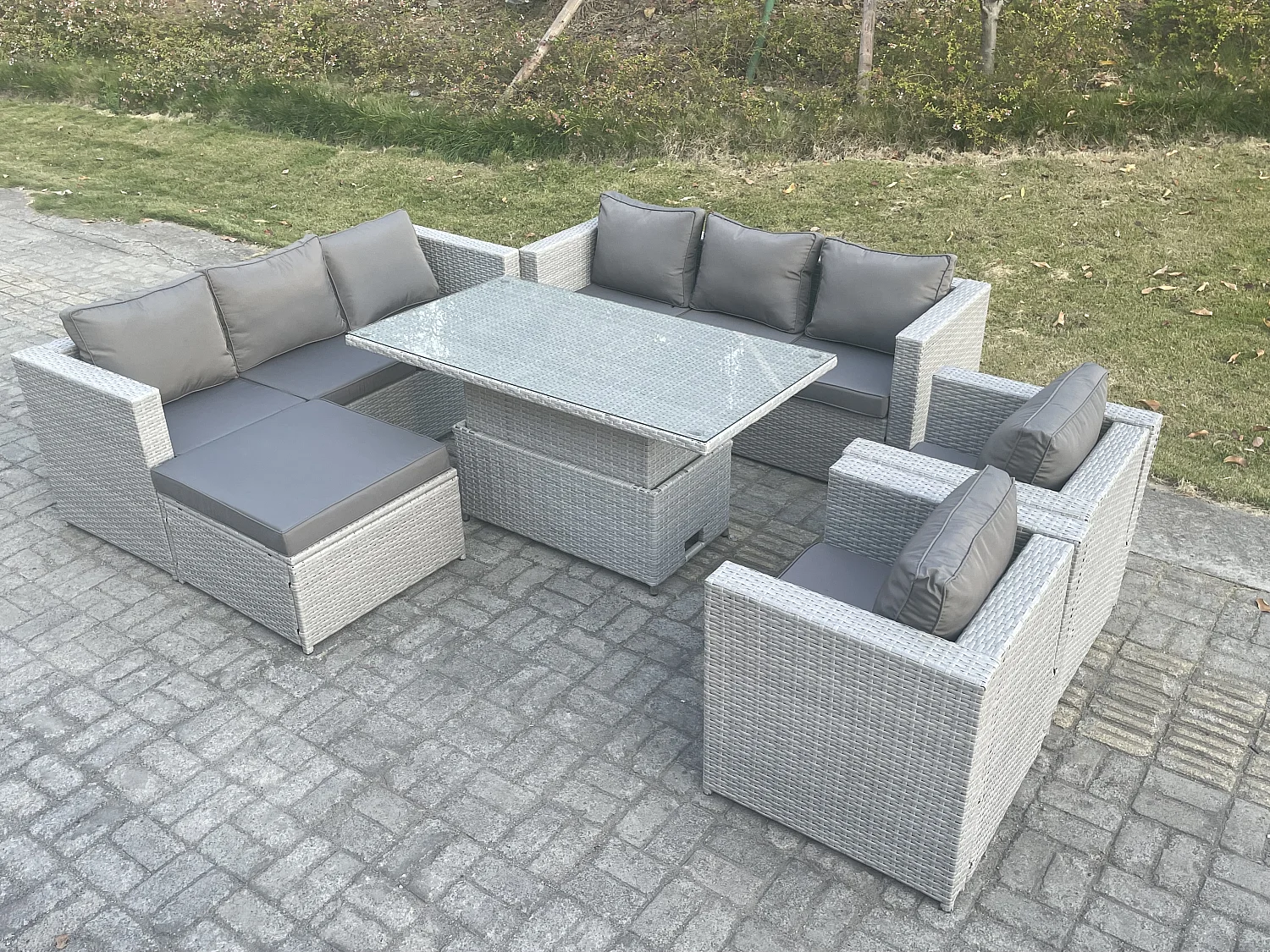 Polyrattan Essgruppe Gartenmöbel Set Höhe verstellbar Esstisch Set mit Sofa 2 Sessel Großer Fußhocker Helles Grau