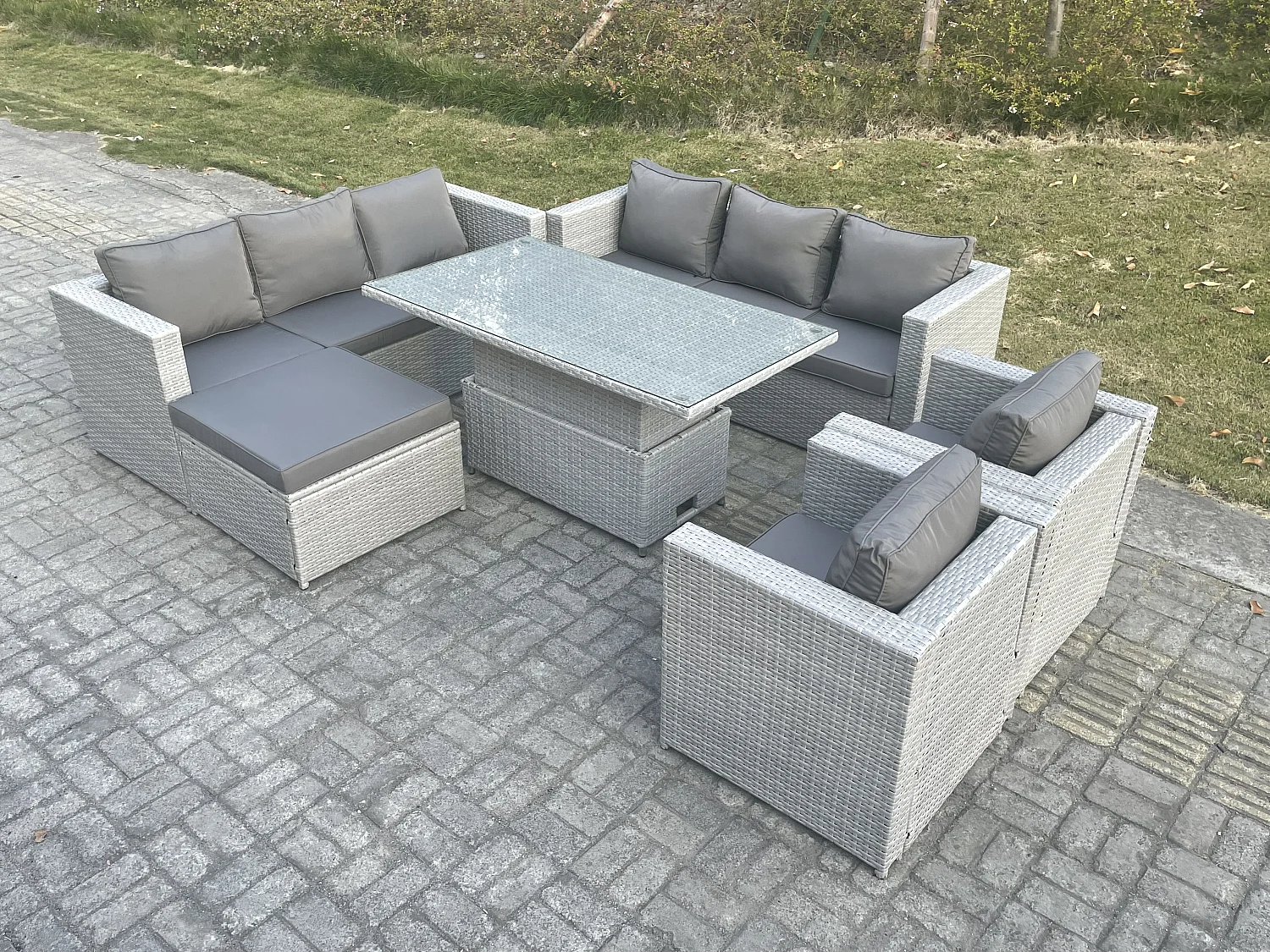 Polyrattan Essgruppe Gartenmöbel Set Höhe verstellbar Esstisch Set mit Sofa 2 Sessel Großer Fußhocker Helles Grau