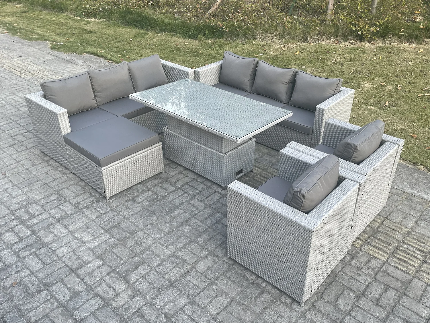 Polyrattan Essgruppe Gartenmöbel Set Höhe verstellbar Esstisch Set mit Sofa 2 Sessel Großer Fußhocker Helles Grau