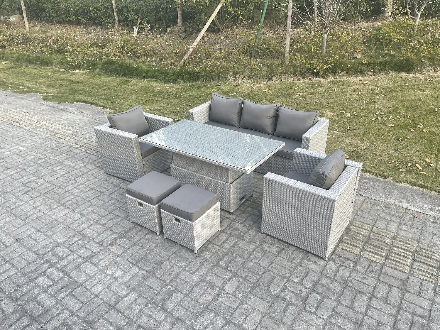 Salon de Jardin Exterieur Table à manger réglable en hauteur ave canapé 2 Fauteuil 2 Petit Tabourets Gris Clair