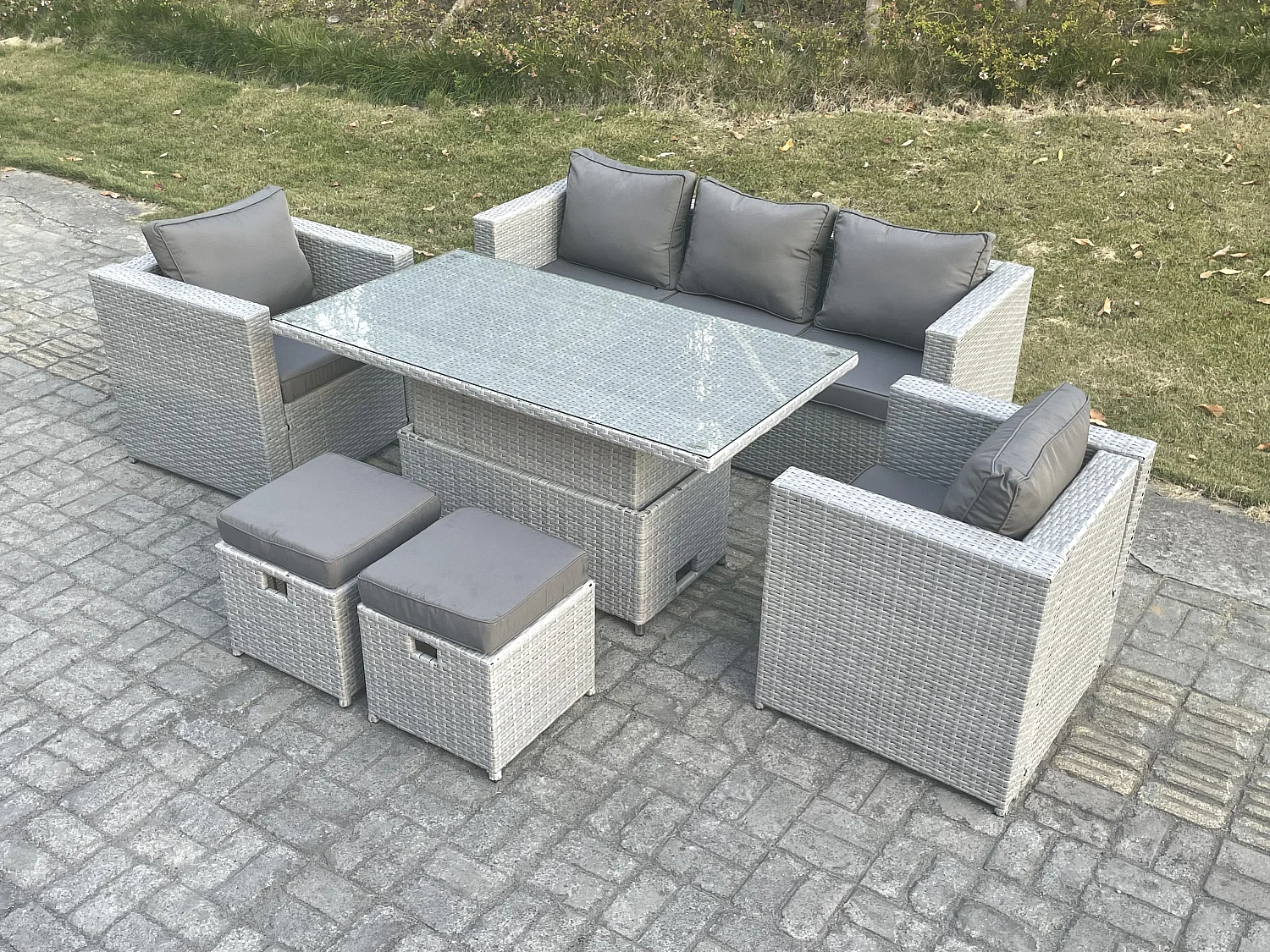 Salon de Jardin Exterieur Table à manger réglable en hauteur ave canapé 2 Fauteuil 2 Petit Tabourets Gris Clair