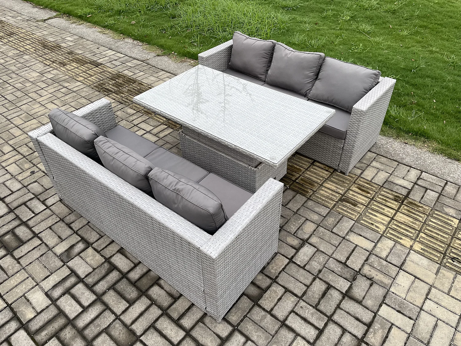 Polyrattan Gartenmöbel Set mit 2 Sofa, Höhe verstellbar Esstisch Outdoor Terrassen Essgruppe Helles Grau