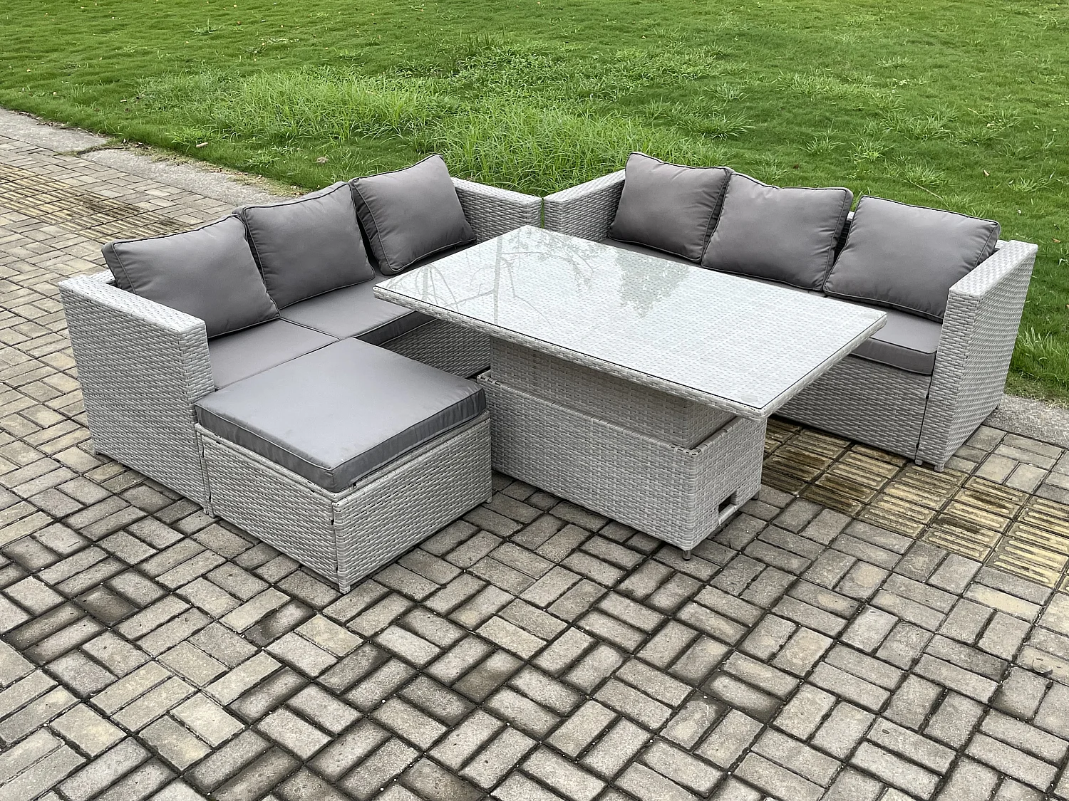 Polyrattan Gartenmöbel Set mit 2 Sofa, Höhe verstellbar Esstisch und Hocker Outdoor Terrassen Essgruppe Helles Grau